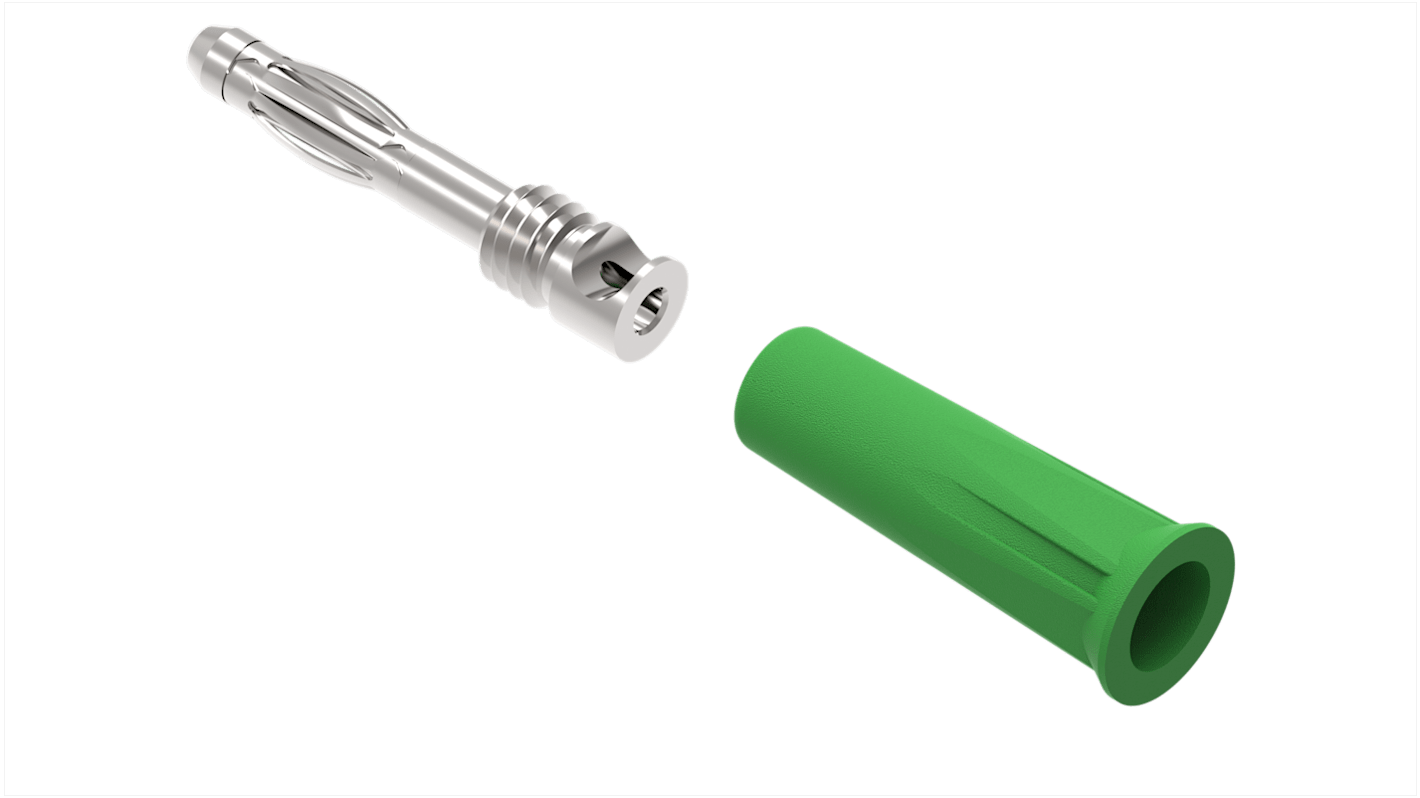 Green Male Banana Plug, 4 mm Connector, Screw Termination, 36A, 30/60V ac/dc, Nickel Plating