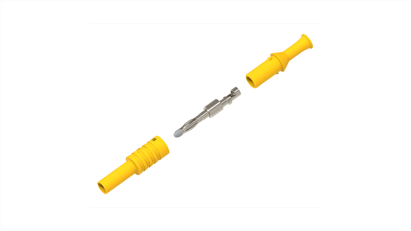 Yellow Male Banana Plug, 4 mm Connector, Solder Termination, 36A, 1kV, Nickel Plating