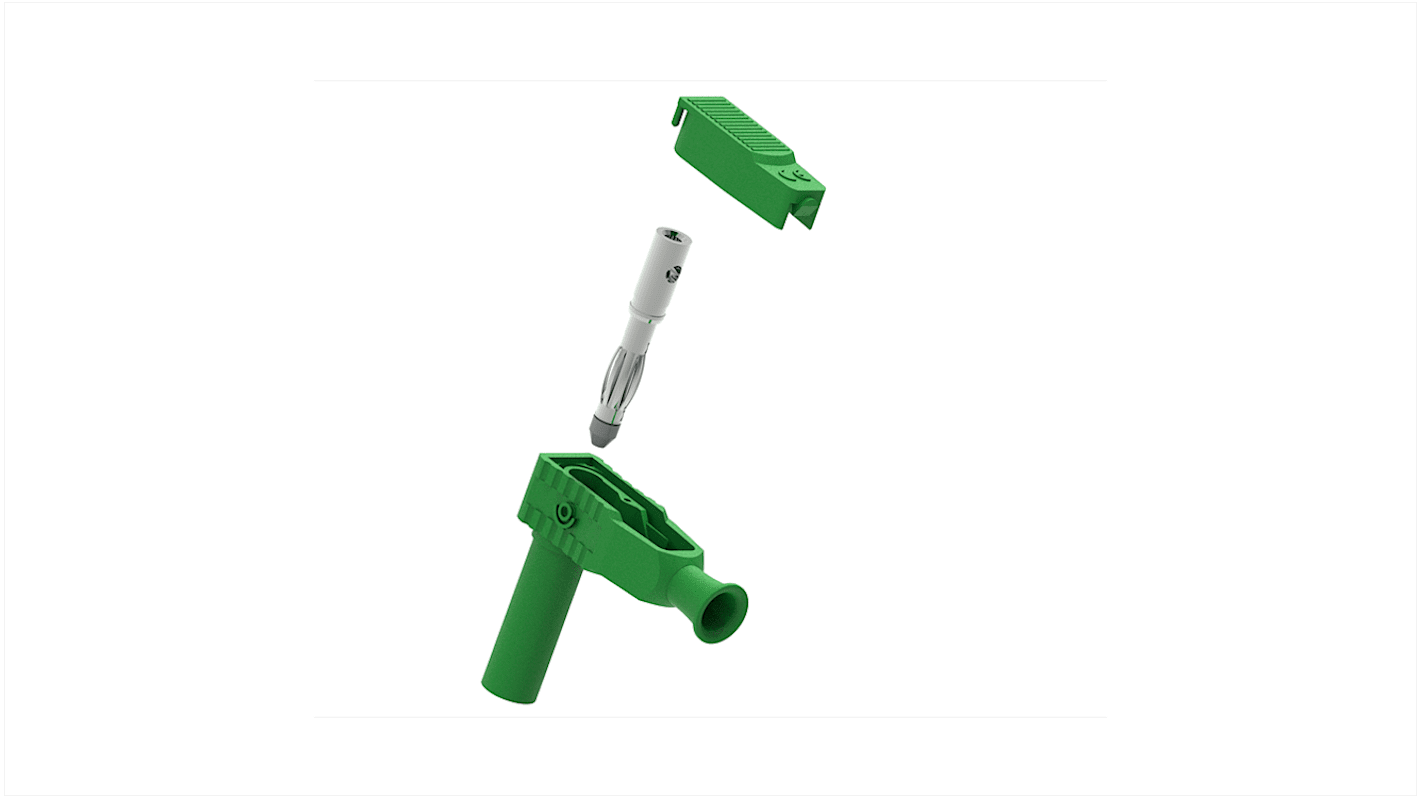 Green Male Banana Plug, 4 mm Connector, Solder Termination, 20A, 1kV, Nickel Plating