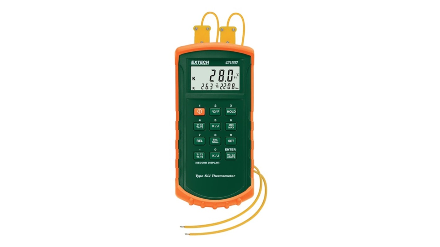 Extech 421502 Dual Input Thermometer for Temperature measurement Use, J, K Probe, 2 Input(s), +2498°F Max, 0.05 %