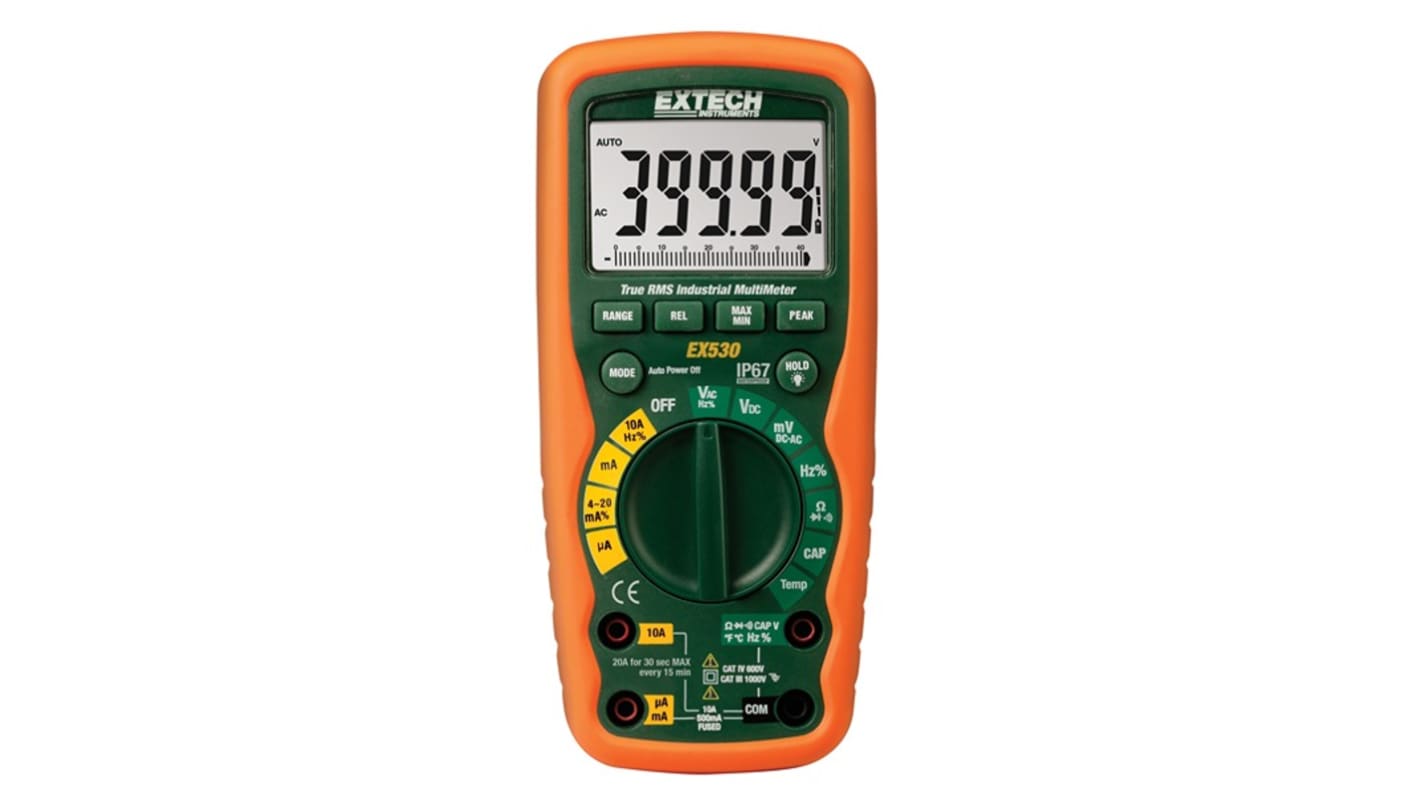 Extech EX530-NIST Backlit LCD Multimeter, 20A ac Max, 20A dc Max, 1000V ac Max