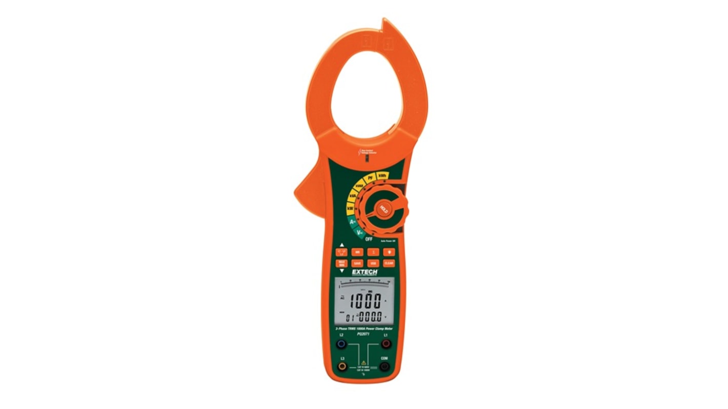 Extech PQ2071 Clamp Meter USB, Max Current 1kA ac CAT III 1000V V, CAT IV 600V V