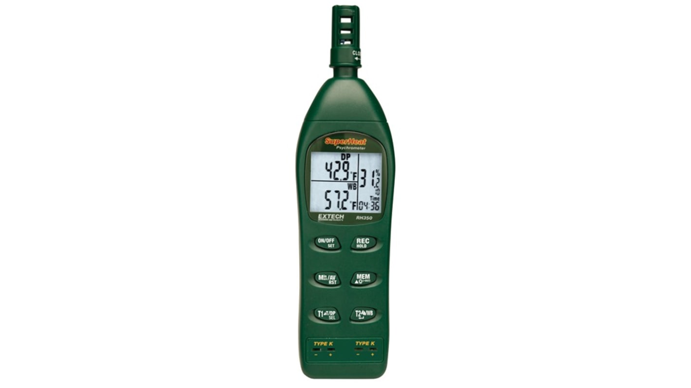 Extech RH350-NIST Psychrometer, 2498°F Max, ±1.8 °F Accuracy, Backlit LCD Display, Battery-Powered