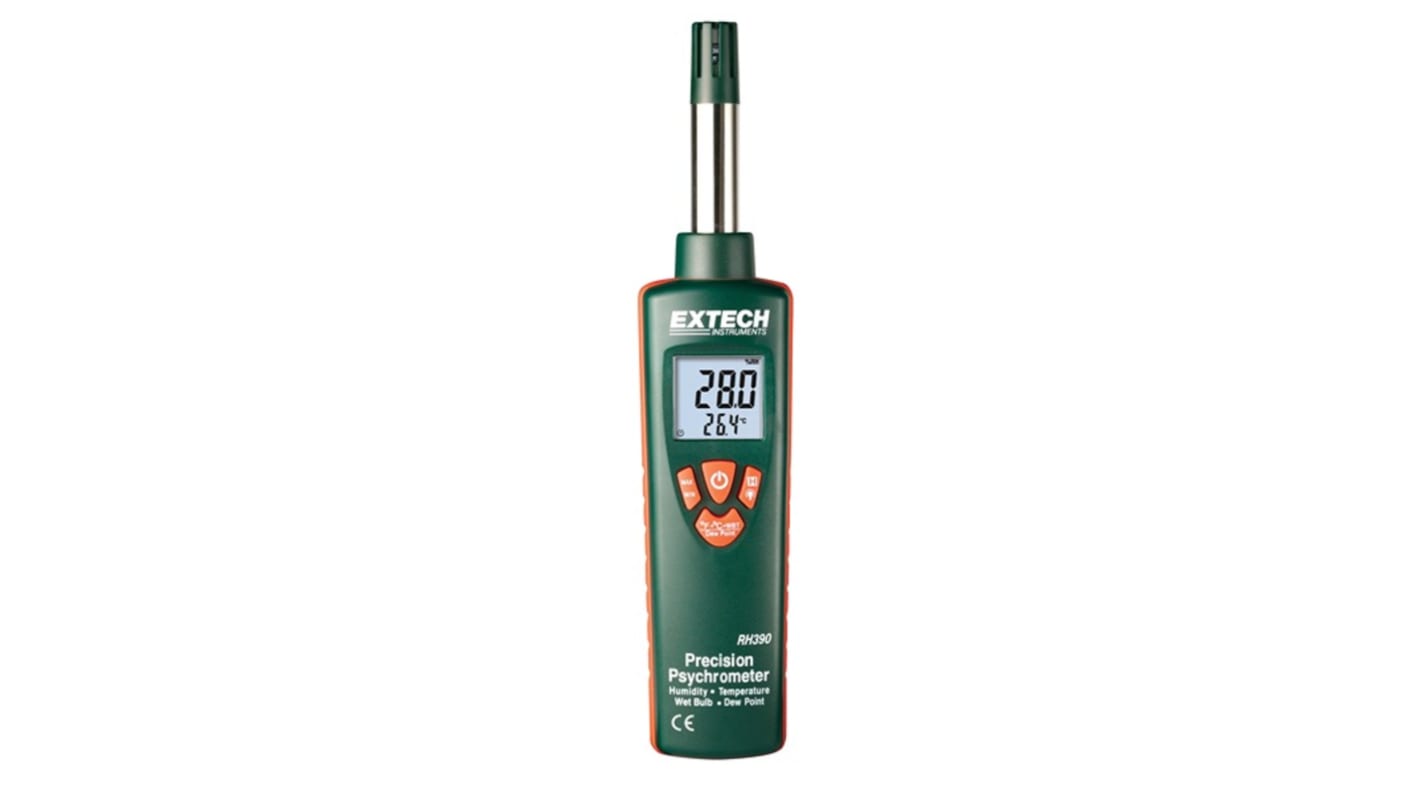 Extech RH390 Psychrometer, 199°F Max, ±1.8 °F Accuracy, Backlit LCD Display, Battery-Powered