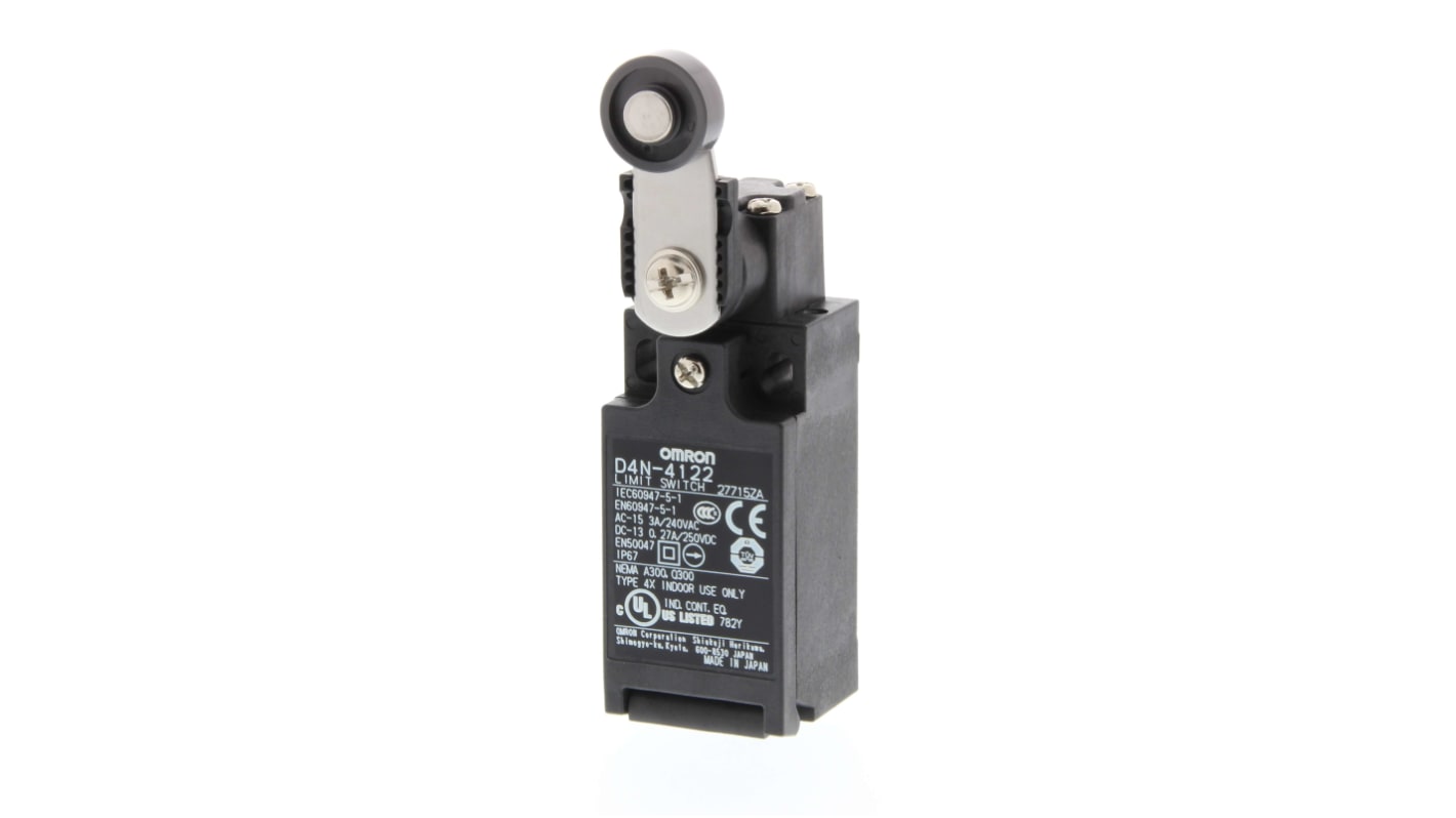 D4N Series Roller Lever Limit Switch, 2NC, IP67, Plastic Housing