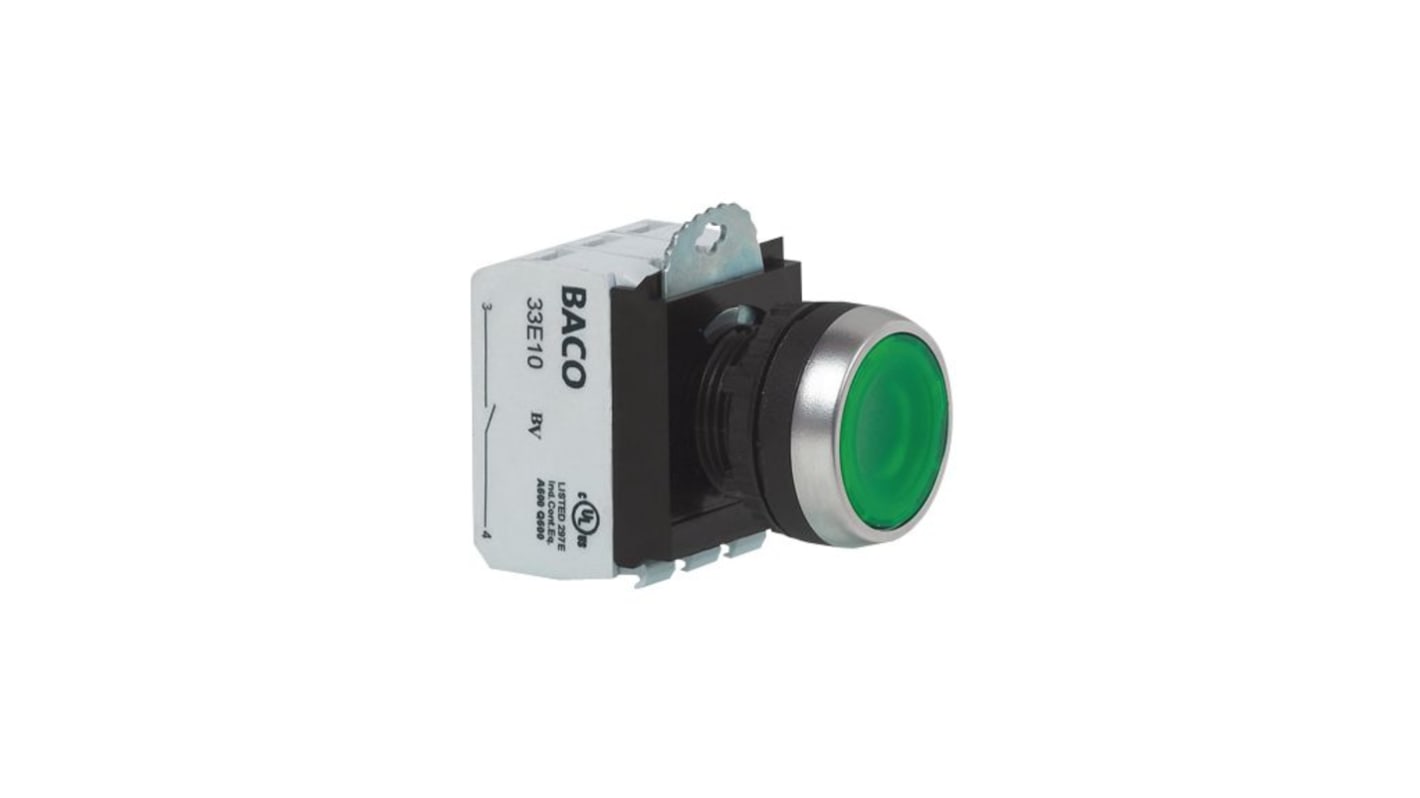 BACO L21 Series Illuminated Push Button Switch, Screw Mount, 22mm Cutout, Green LED, 24V, IP66, IP69K