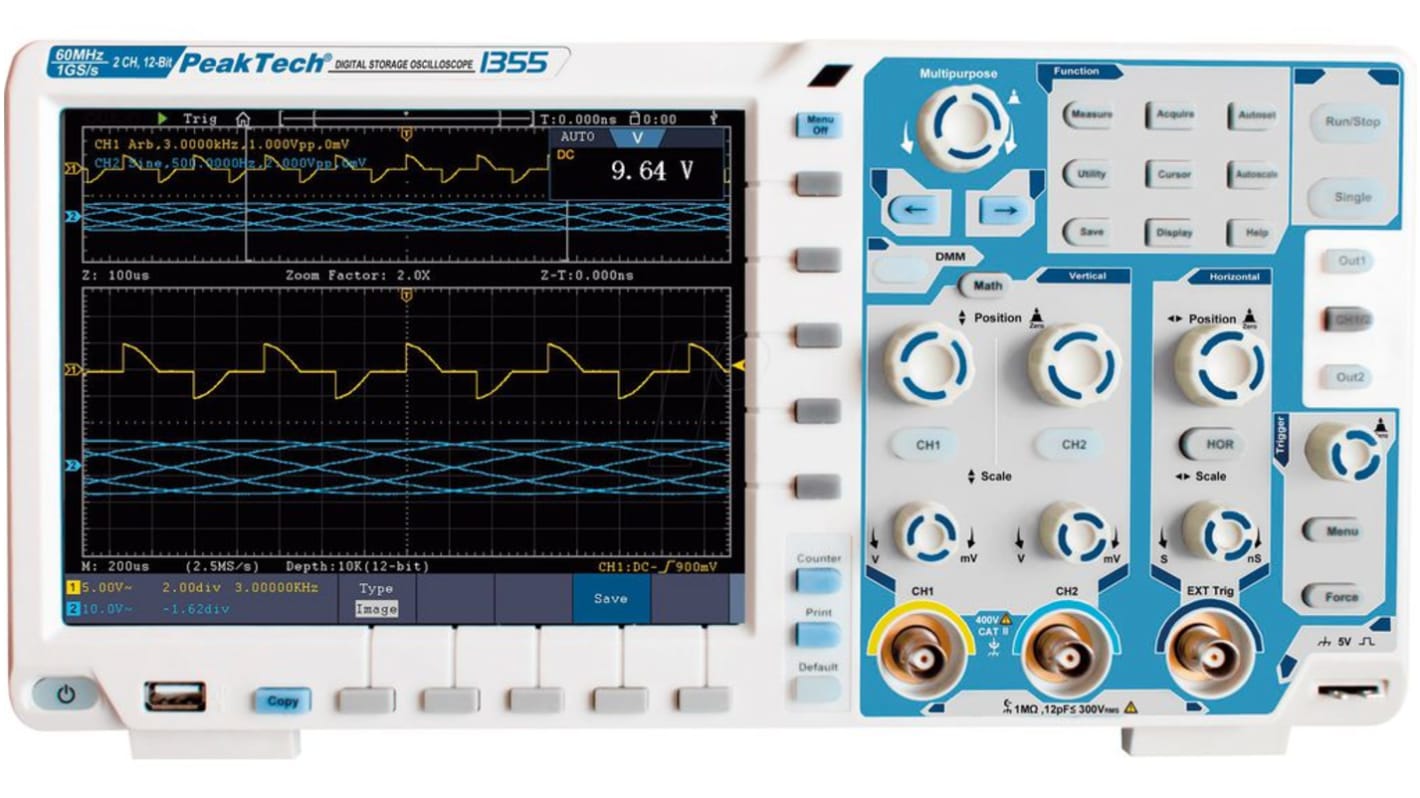 Osciloscopio de banco PeakTech P1355, canales:2 A, 60MHZ