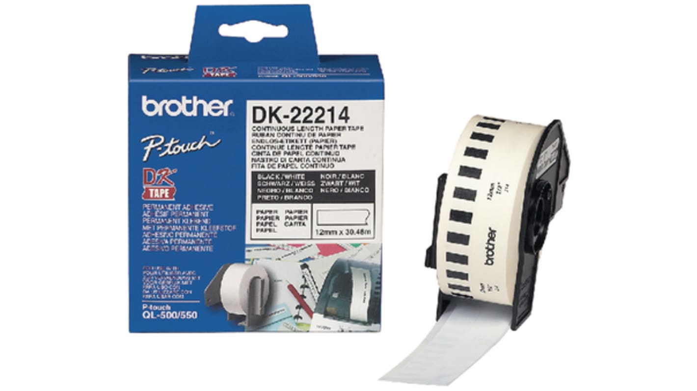 Brother DK Black on White Label Printer Tape, 30.48 m Length, 12 mm Width