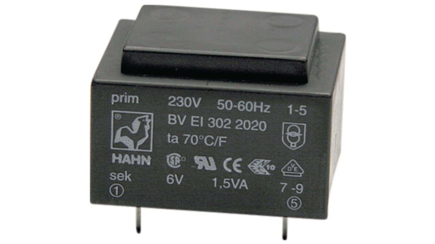 Trasformatore per PCB Hahn, 2.3VA, primario 230V ca, secondario 9V ca