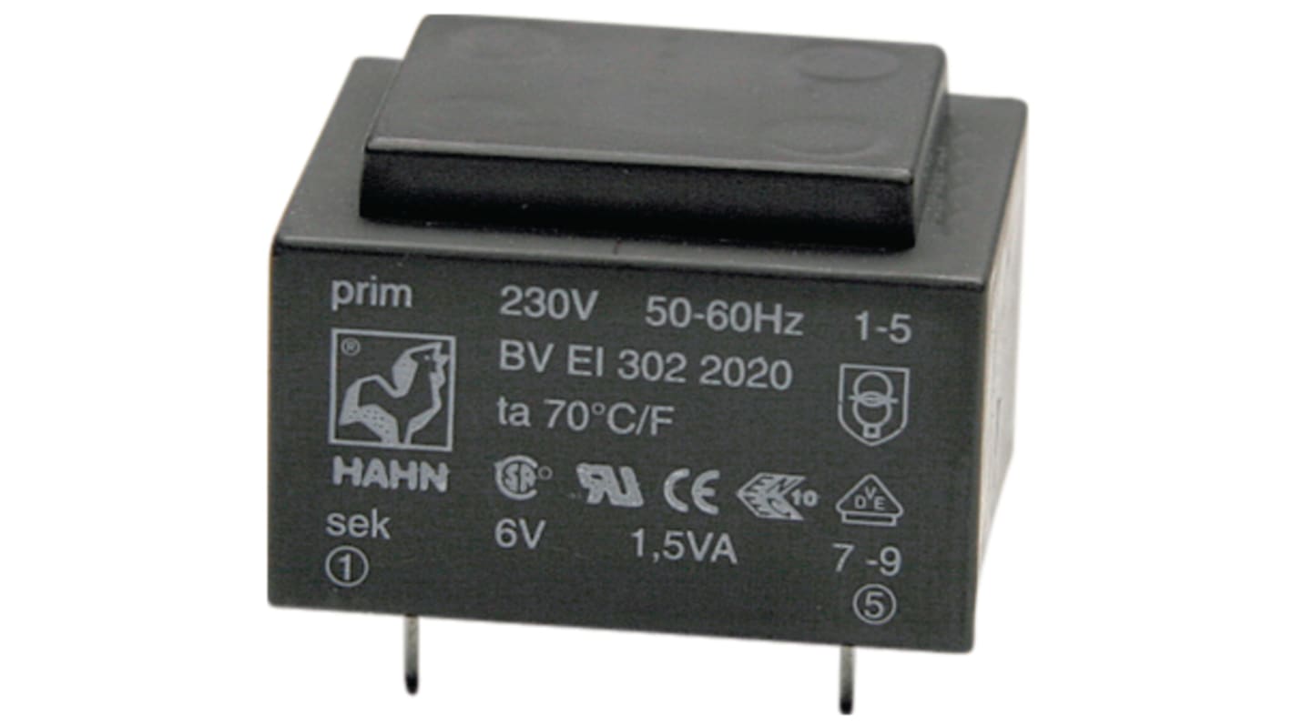 Trasformatore per PCB Hahn, 3VA, primario 230V ca, secondario 7.5V ca