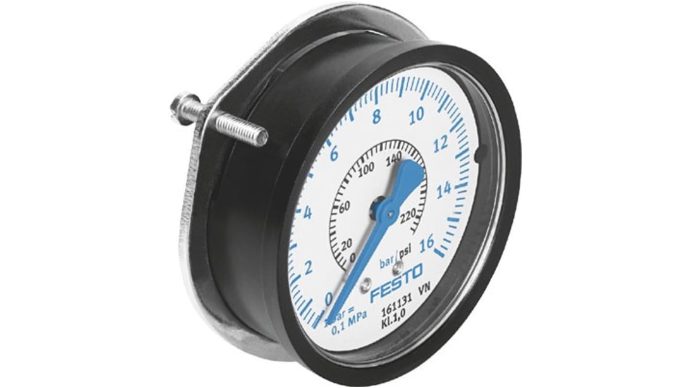 Festo G 1/4 Analogue Pressure Gauge 16bar Panel, FMAP-63-16-1/4-EN, 0bar min.