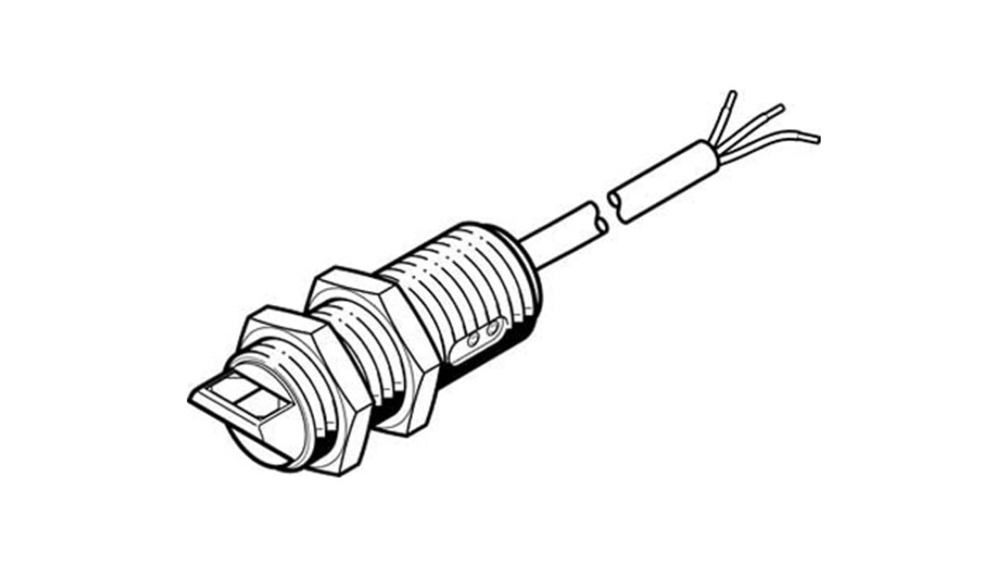 Fotocélula de cuerpo cilíndrico difuso, alcance 0 → 600 mm, salida PNP, cable de 3 hilos