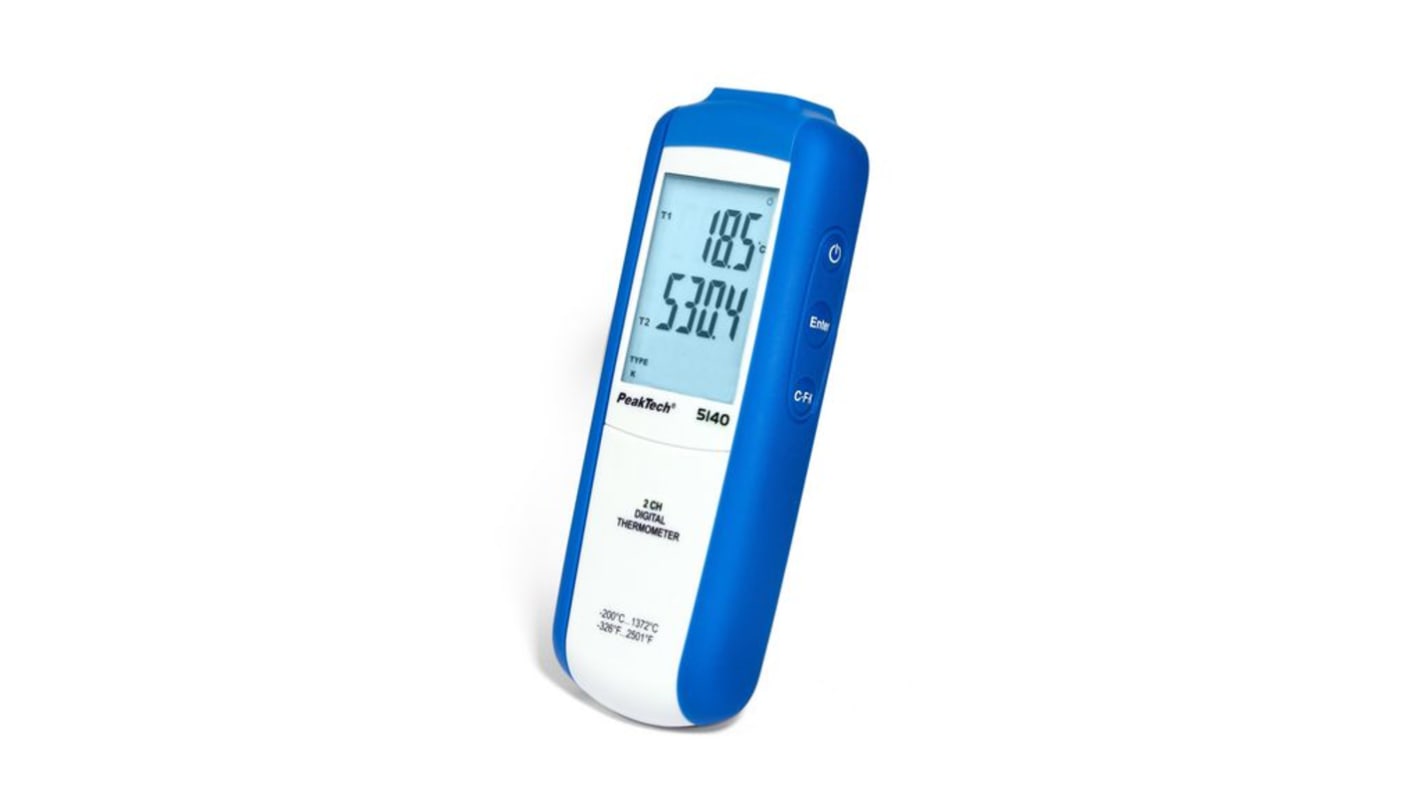Handheld Thermometer, Type K Thermocouple Probe, 2 Input(s), +1372°C Max, 2.2 °C Accuracy