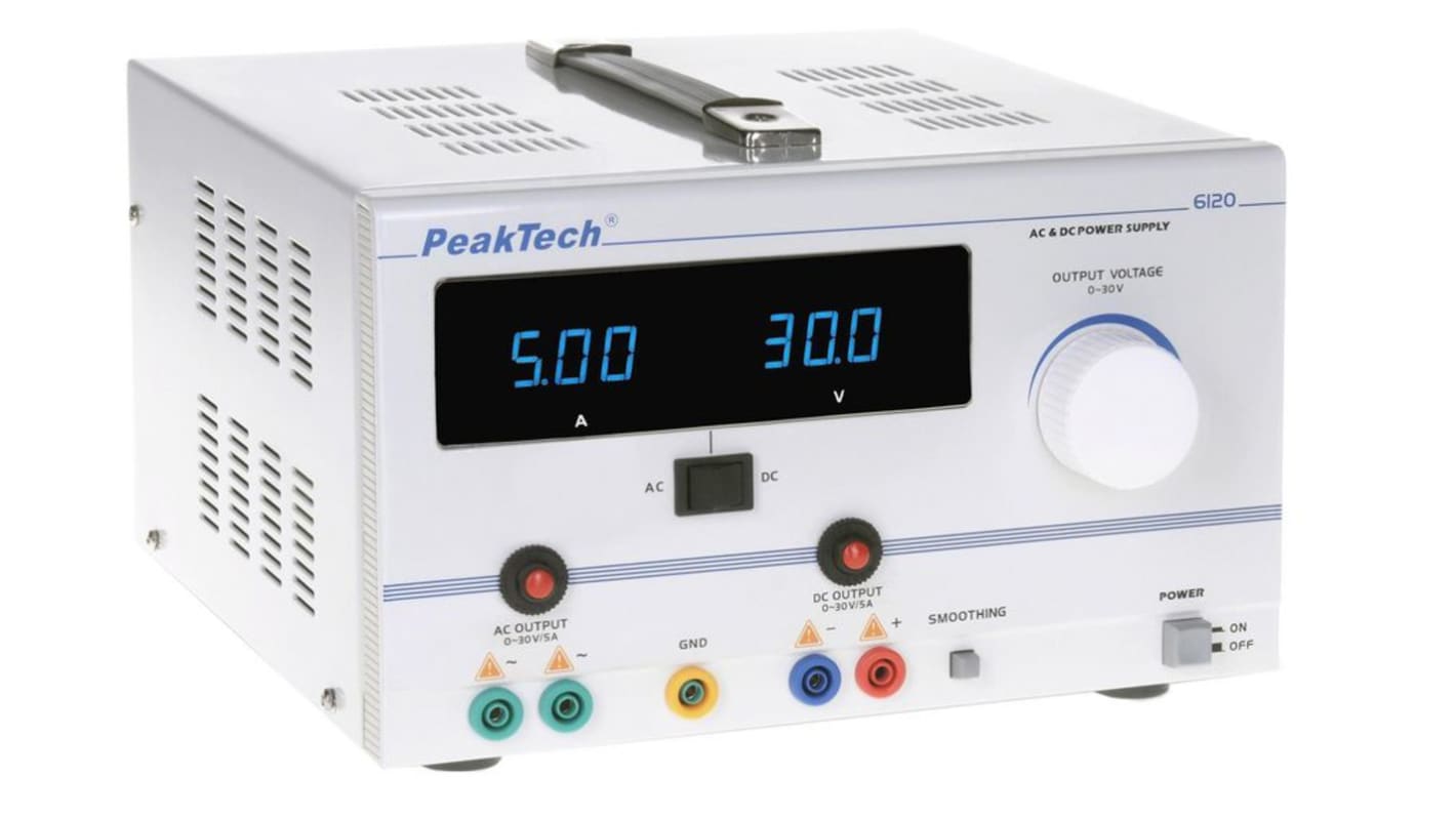 Alimentatore da banco PeakTech P6120, 2 uscite, 30V, 0 → 5A, 150W