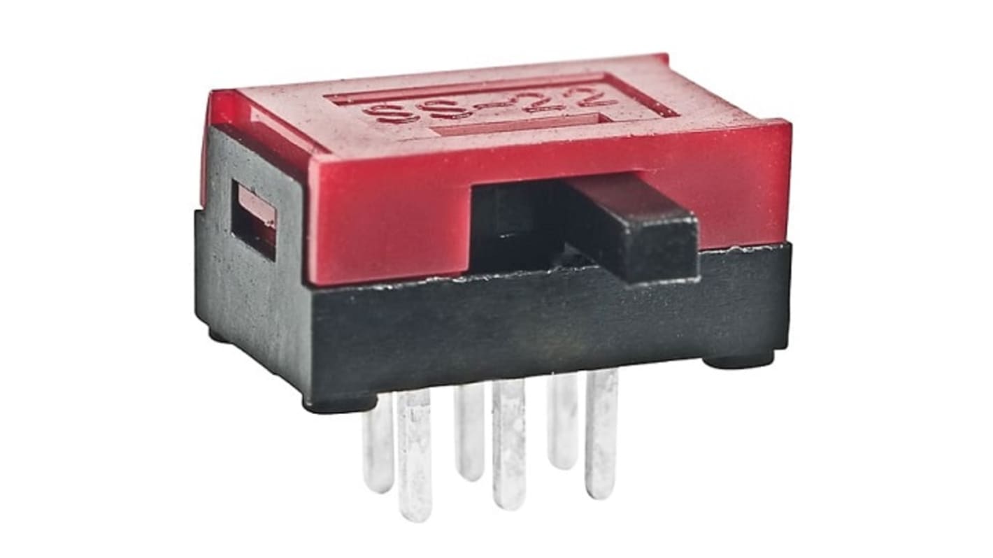 Przełącznik suwakowy, DPDT, montaż PCB, 100 mA przy 30 V DC, -15 → +60°C, NKK Switches