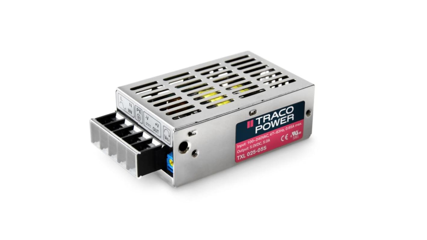 TRACOPOWER Switching Power Supply, TXL 025-05S, 5V dc, 5A, 25W, 1 Output, 85 → 264V ac Input Voltage