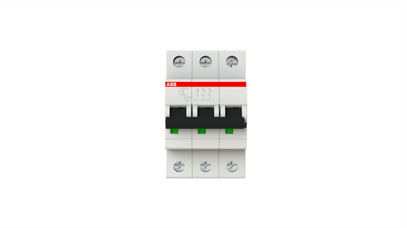 ABB System Pro M Compact S200M MCB, 3P, 6A Curve C, 440V AC, 125V DC, 10 kA Breaking Capacity