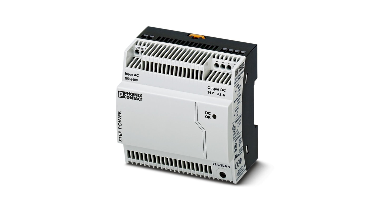 Phoenix Contact STEP-PS/ 1AC/24DC/3.8/C2LPS Switch Mode DIN Rail Power Supply, 85 → 264V ac ac Input, 24V dc dc