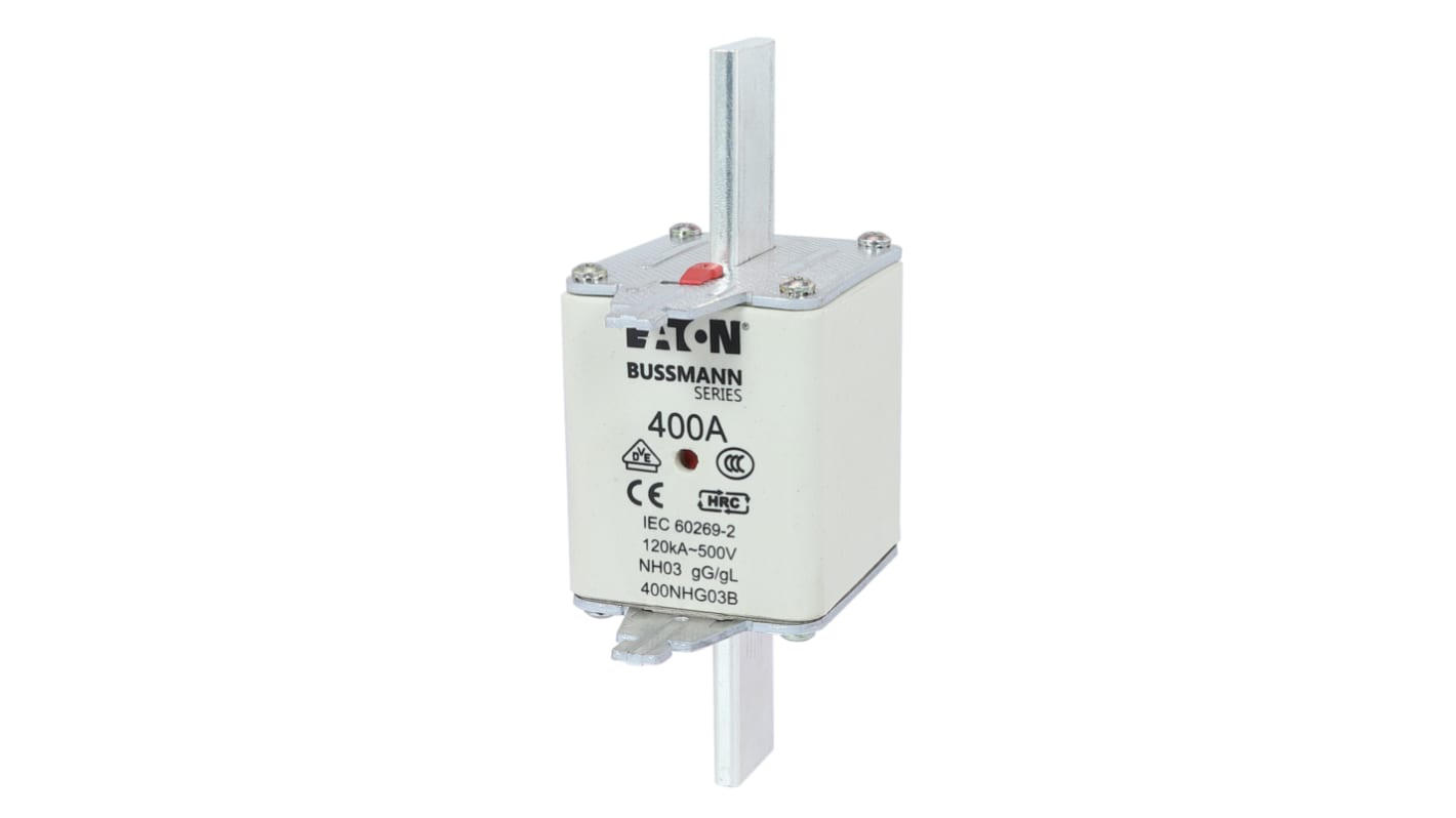 Fusibile con linguette centrate, Eaton, 400A, fusibile NH03, standard DIN 43620-1, DIN 43620-3, IEC 60269, VDE 0636,