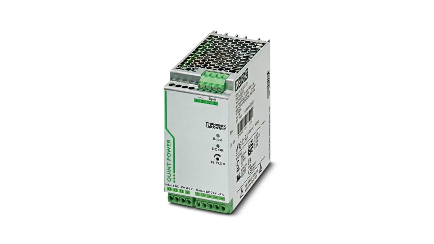Phoenix Contact QUINT-PS/ 3AC/24DC/20/CO Switch Mode DIN Rail Power Supply, 400V ac ac Input, 24V dc dc Output, 20A