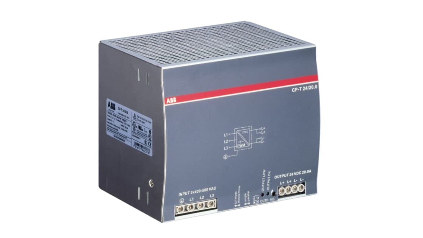 ABB CP-T 3-Phasen Switch-Mode DIN-Schienen Netzteil 480W, 340 → 575V ac, 24V dc / 20A