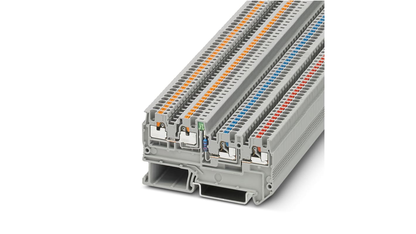 Phoenix Contact PTIO 1.5/S/3-LED 24 GN Series Grey DIN Rail Terminal Block, 1.5mm², Triple-Level, Push In Termination