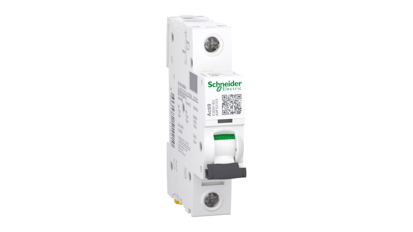 Schneider Electric Acti 9 iC60H MCB, 1P, 3A Curve B, 100 → 133V AC, 72V DC, 10 kA Breaking Capacity