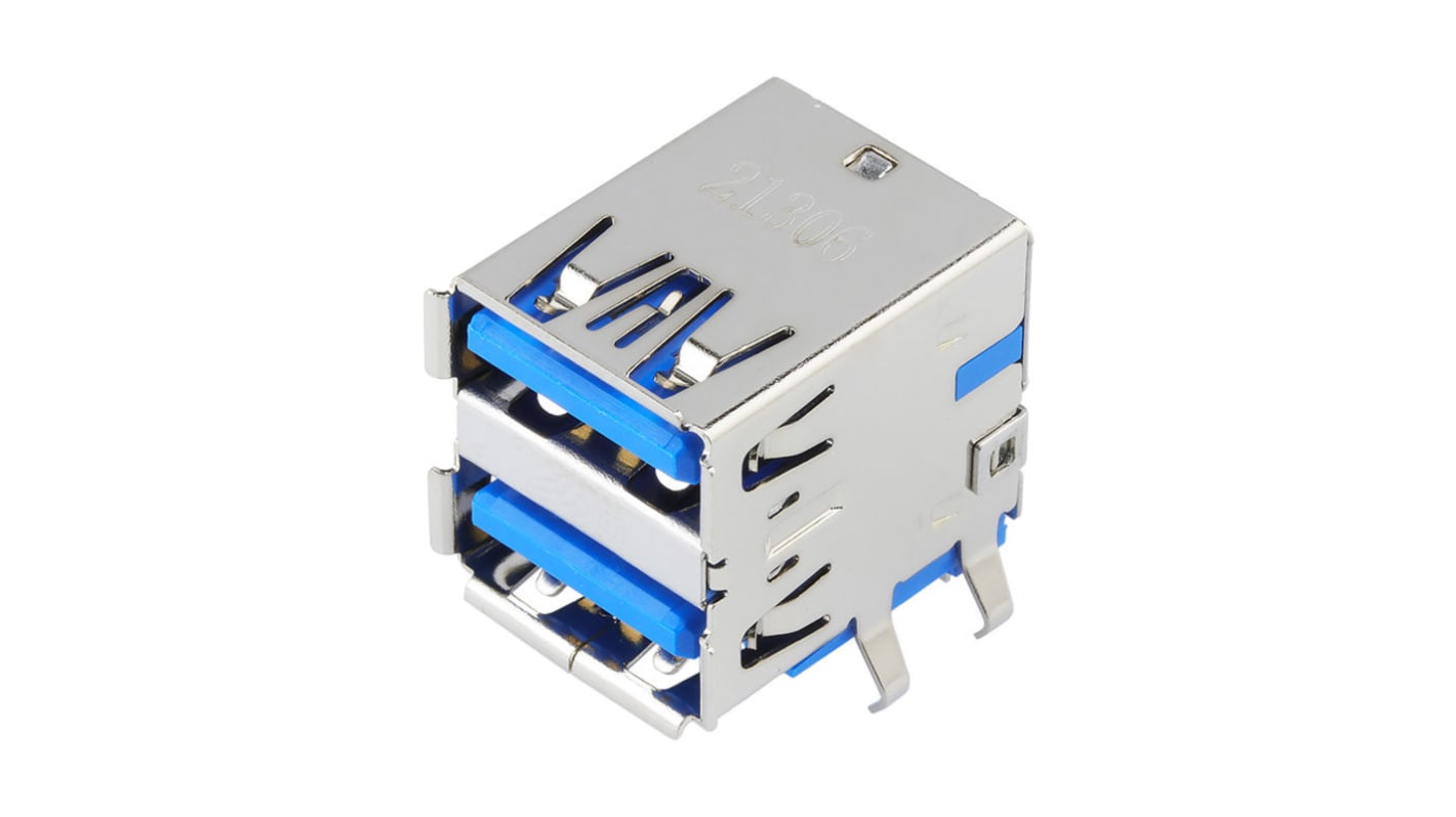 Conector USB Molex 48406-0003, Hembra, 2 puertos, Ángulo de 90° , Montaje en orificio pasante, Versión 3.0, 30,0 V.,