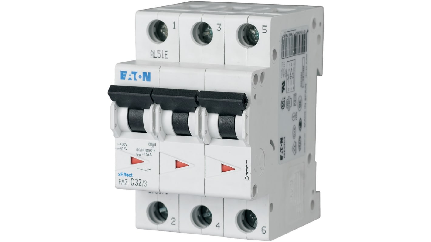 Eaton xEffect MCB, 3P Poles, 63A Curve C, 240 → 415V AC, 10 kA Breaking Capacity, MCB
