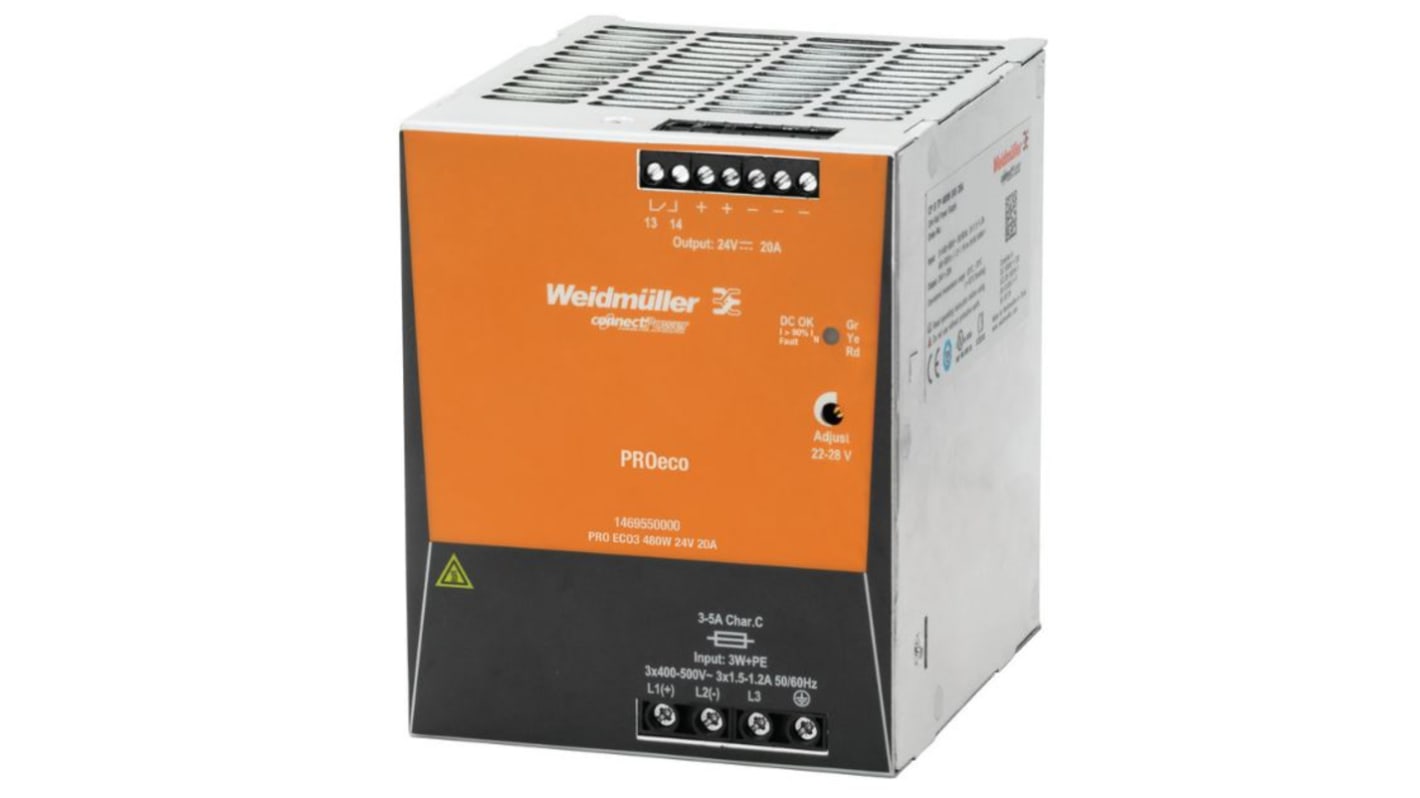 Weidmüller DIN-sín tápellátás, BE: 320 → 575 V ac / 450 → 800V dc, 1 kimenet, 24V dc, 20A, 480W