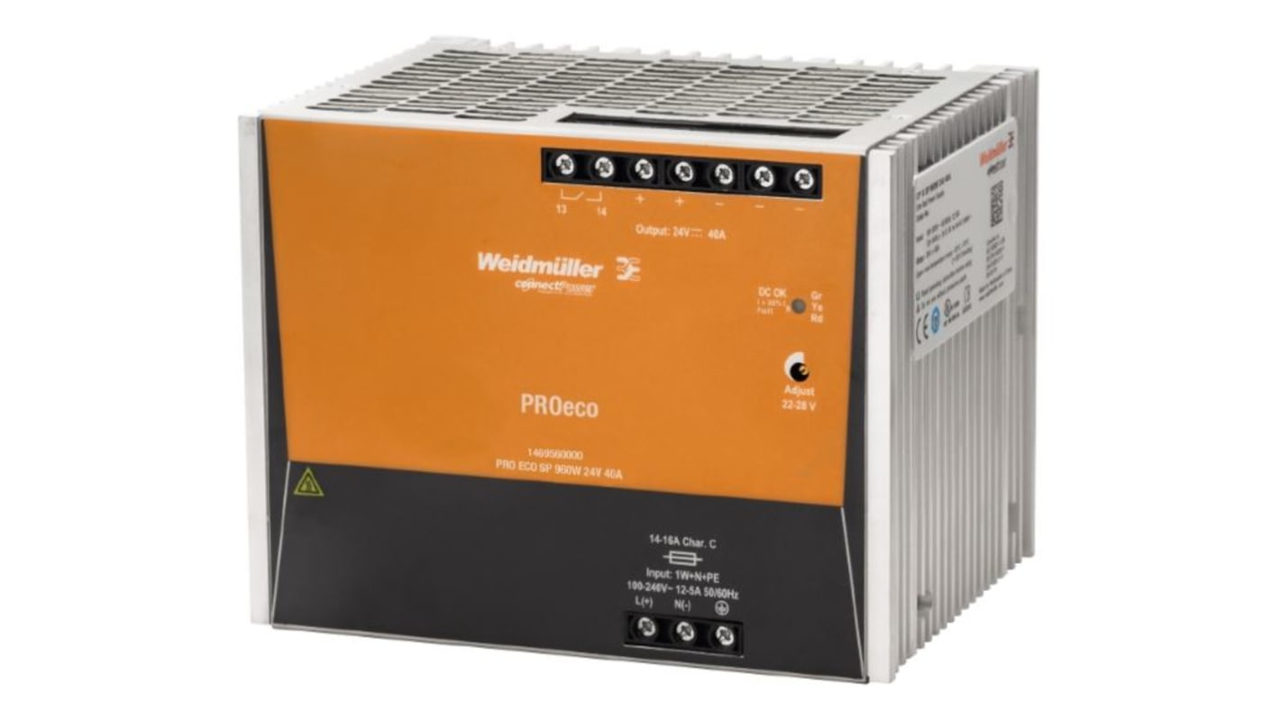 Weidmüller PRO ECO 3-Phasen Getaktet DIN-Schienen Netzteil 960W, 320 → 575 V ac / 450 → 800V dc, 24V dc /