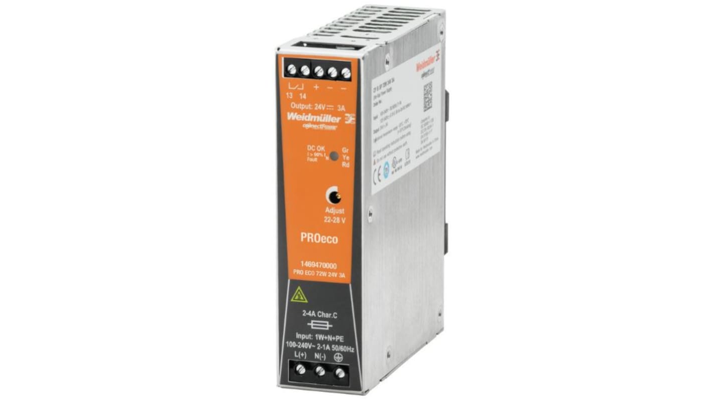 Weidmüller PRO ECO -Phasen Getaktet DIN-Schienen Netzteil 72W, 85 → 264 V ac / 80 → 370V dc, 12V dc / 6A