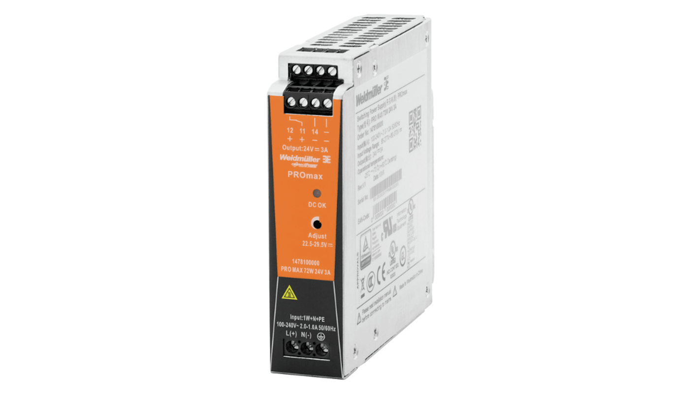 1478100000 Weidmuller PRO MAX Switched Mode DIN Rail Power Supply, 85