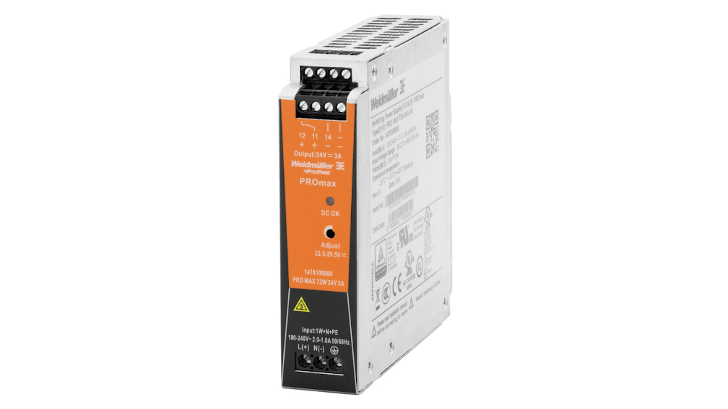 Weidmuller PRO MAX DIN Rail Power Supply, 85 → 277V ac ac, dc Input, 24V dc dc Output, 3A Output, 72W