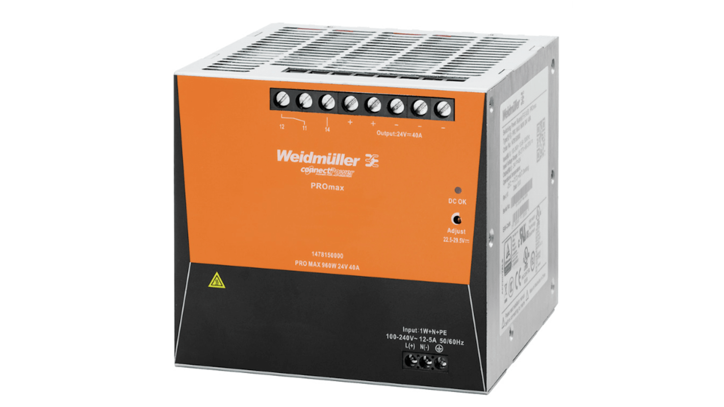 Weidmüller PRO MAX Getaktet DIN-Schienen Netzteil 960W, 85 → 277 V ac / 80 → 370V dc, 24V dc / 40A