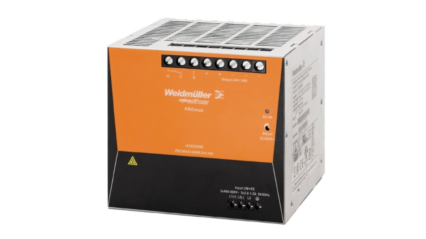 Weidmuller DINレール取付け用スイッチング電源, 1478200000, 出力：40A, 定格：960W 入力電圧：ac, dc 出力電圧：dc 24V dc/