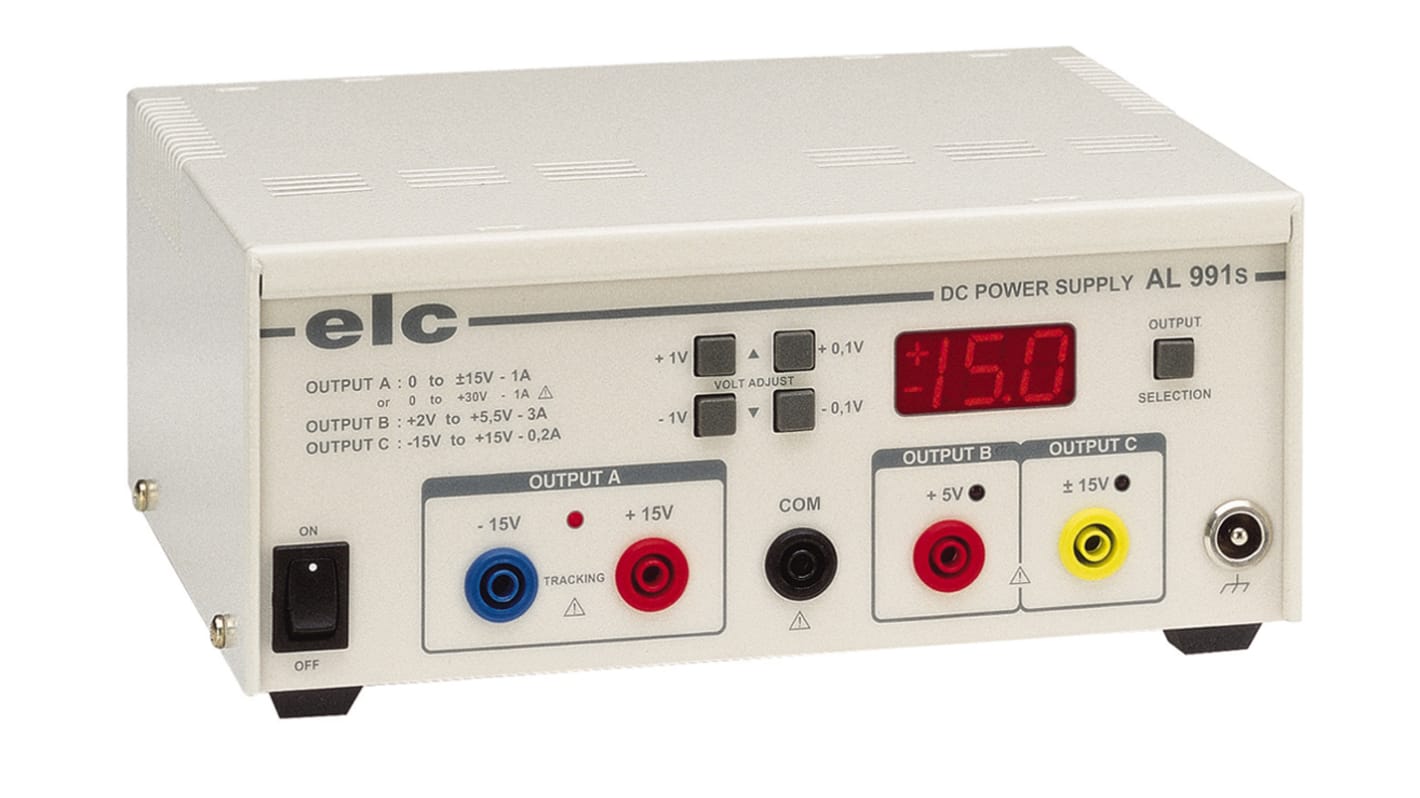 ELC Digital Bench Power Supply, -15 → 15V, 1 A, 3 A, 200mA, 3-Output, 48W