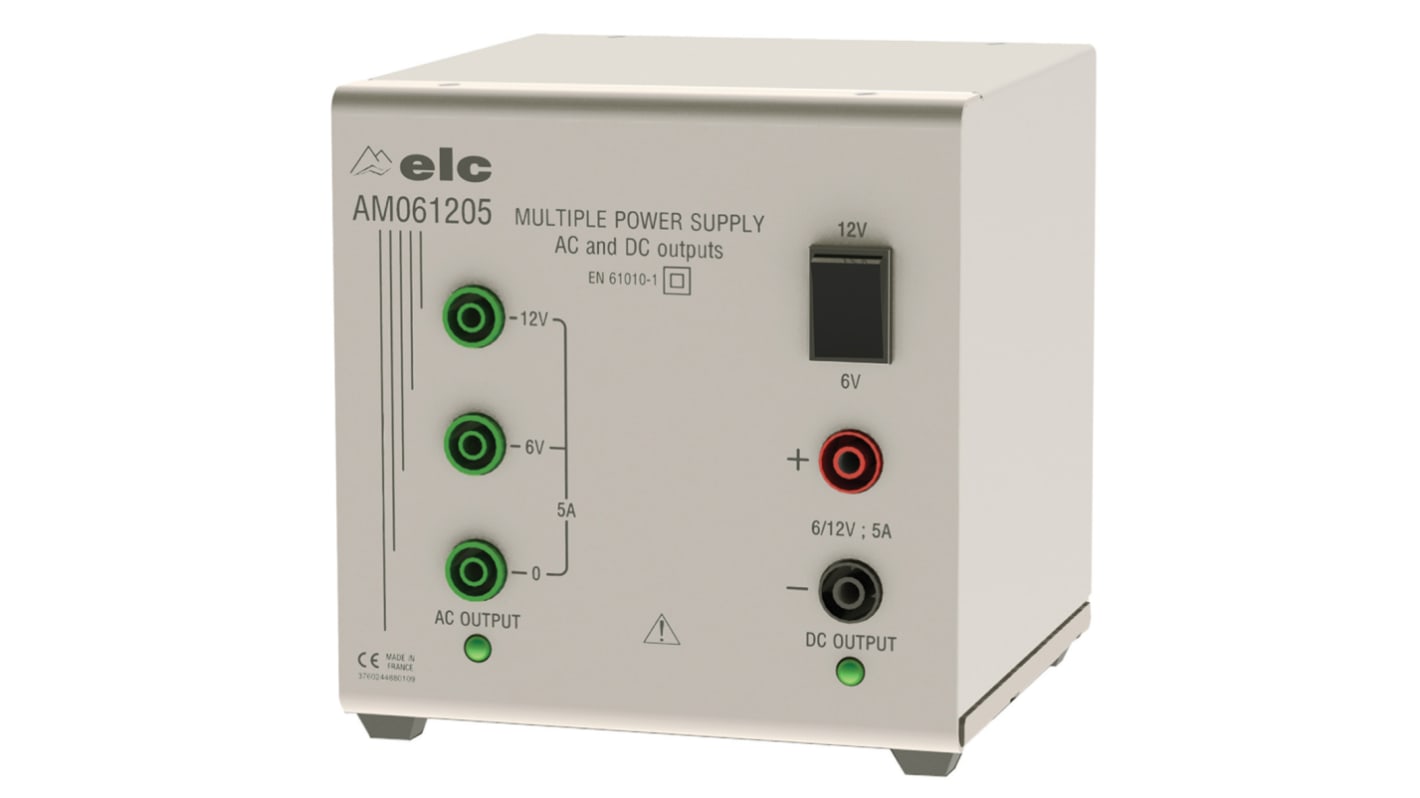 Alimentatore da banco ELC, 2 uscite, 6 → 12V, 5A, 120 W, 145VA, Cert. ISO