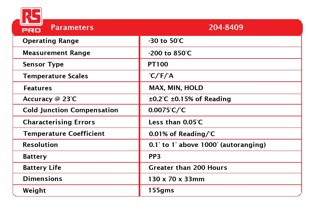 Product image for RS PRO PT100 Input Handheld Digital Thermometer, for Food Industry, Industrial Use