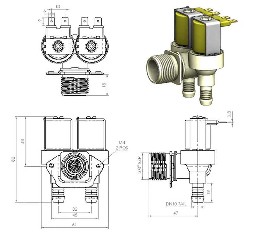 Product image for WATER SOLENOID VALVE 3 PORT 90? NC 3/4"