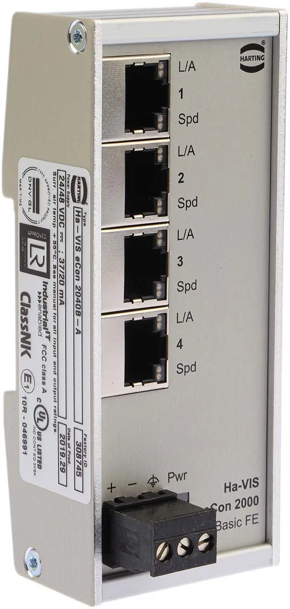 Harting Ethernet Switch, 4 RJ45 port, 28/48V dc, 10 Mbit/s, 100 Mbit/s ...