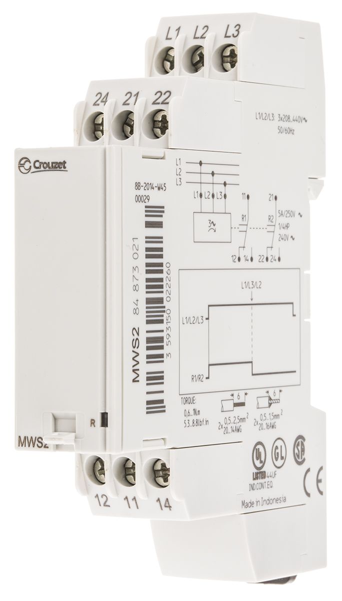 Crouzet Phase Monitoring Relay With DPDT Contacts, 3 Phase