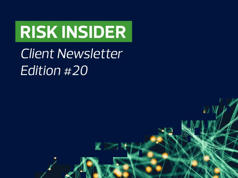 Risk Insider newsletter covering healthcare security laws, new anti-bribery regulations for banks, climate reporting mandates, and procurement framework updates.