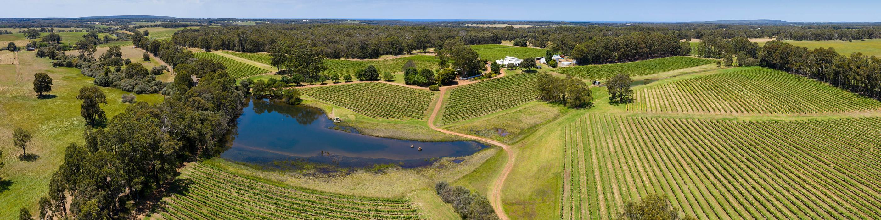 The image shows an aerial view of a vineyard in the Margaret River region of Western Australia. 