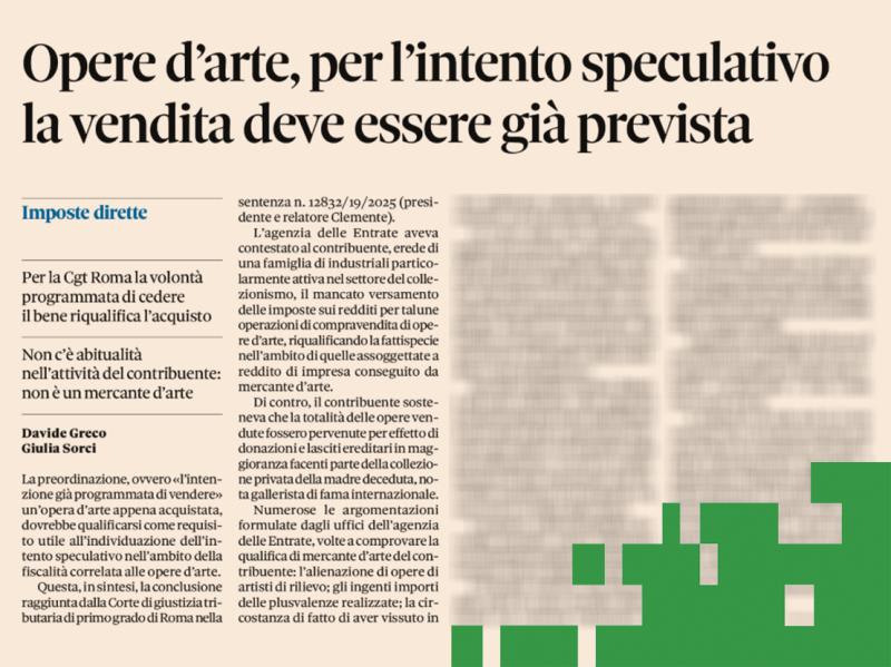 Opere d'arte, per l'intento speculativo la vendita deve essere già prevista