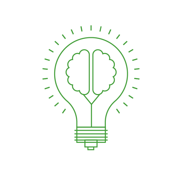 Green icon combining a light bulb and a brain, symbolizing ideas and creativity.
