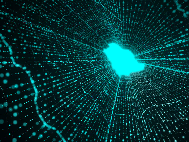 Abstract digital visualisation of a data tunnel formed by radiating points converging towards a central light source
