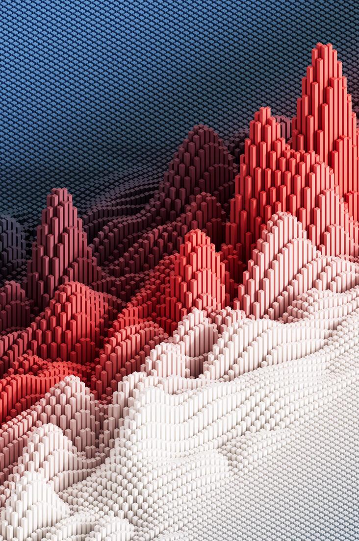 Abstract image of a terrain-like surface formed by layered geometric peaks in red, blue, and neutral tones