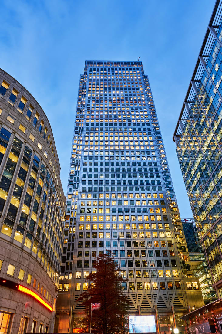 Three different corporate buildings next to each other
