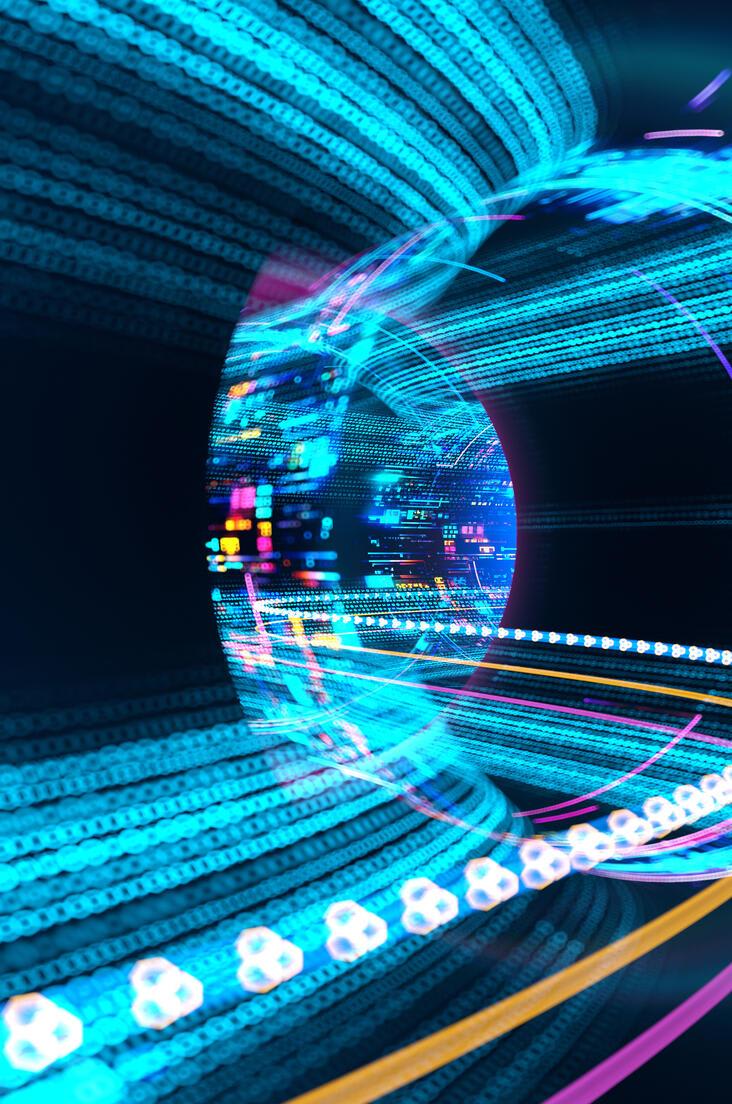 Abstract image of a tunnel-like structure formed by flowing data streams and illuminated pathways in blue tones